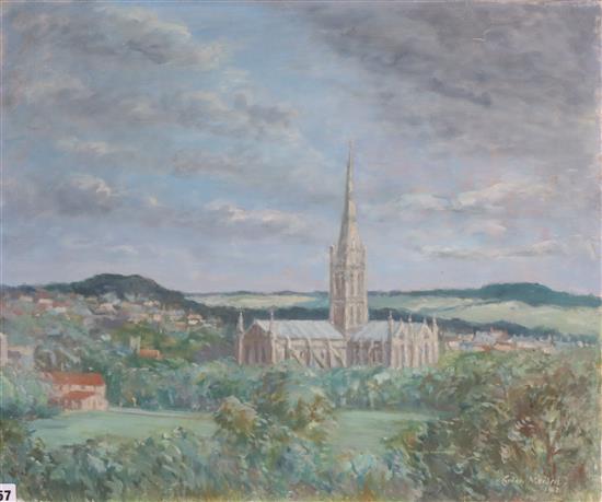 Sydney Maiden (1893-1963), oil on canvas, View of a cathedral town, signed and dated 1962, 51 x 61cm, unframed